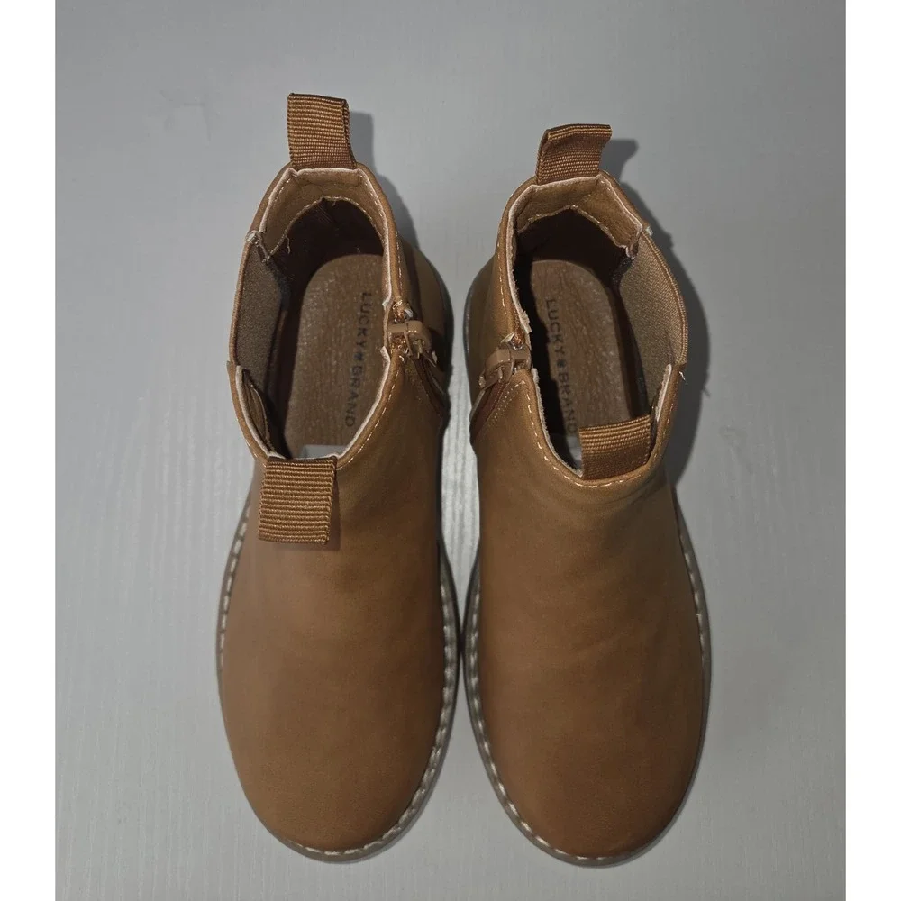Lucky Brand Kids Basel Chelsea Ankle Boots Tan Brown Side Zip Lug Sole Size 2